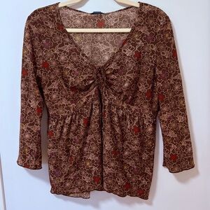Y2K Vintage Bluenotes Babydoll Top Brown Flowers Boho 90s cottage fairy